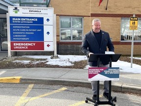 Algoma-Manitoulin independent MPP Michael Mantha lays out the parameters of Bill 13, the Northern Health Travel Grant Advisory Committee Act, outside the Espanola Regional Hospital and Health Centre on Monday.