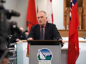 Belleville mayor Neil Ellis speaks about recent rash of overdoses during a news conference in Belleville, Ont., in this Wednesday, Feb. 7, 2024 handout photo. The drug crisis gripping cities across Canada will take efforts from all levels of government, columnist Robin Baranyai says. (THE CANADIAN PRESS/HO - City of Belleville)