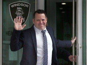 Windsor Police Const.  Michael Brisco exits the downtown headquarters on March 24, 2023. (Dan Janisse/Postmedia Network)