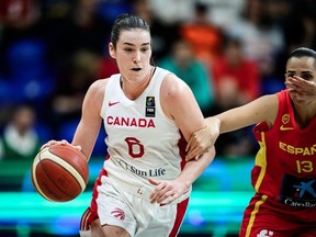 Canada's Bridget Carleton plays against Spain in a FIBA Olympic women's basketball qualifying tournament in Sopron, Hungary, on Friday, Feb. 9, 2024. (Photo courtesy of FIBA)
