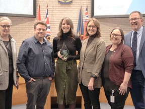 Chatham-Kent has won the Economic Developers Council of Ontario's Workforce Development and Resident Attraction – Urban Award for the Learning, Earning and Living CK Career Expo and Job Fair it hosted. Seen here are Audrey Ansell, the municipality's community, culture and connections director and her team, including Jason Stubitz, Katie Vilaranda, Victoria Bodnar and Teresa Fysh, and Mayor Darrin Canniff. (Supplied)