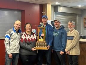 The 2023-24 BrokerLink Insurance Grey Bruce Major League Curling champions. Team Shane (Ainsdale Golf Course) from the Kincardine Curling Club. From left to right, Pete Newton, Nancy Butchart (BrokerLInk Insurance, presenting the BrokerLink Insurance Championship Trophy), Skipper Les Shane, Derek Regier, and Jim Roberts. Photo supplied