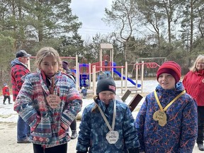Winners of the 2024 Kid's Log Sawing at the Rockport Winter Carnival held from February 7-11. L-r, Owen S., Ava and Britt. supplied by Rockport Recreation Hall