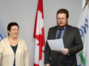Mayor Janet Jabush, left, swore in Kyler Mason as Mayerthorpe's newest councillor during the regular meeting on Feb. 12. Mason was acclaimed to fill a council seat left vacant by the resignation of Coun. Marc Claybrook in late 2023.