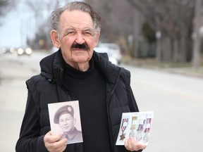 Roland Papineau holds a photo of his uncle and the man's medals from the Second World War.