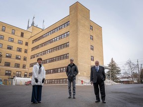 Bluewater Health officials Paula Reaume-Zimmer, left, and Mike Lapaine stand with Sarnia-Lambton MPP Bob Bailey in 2022 by the future site of Bluewater Health's Community Addictions Hub.
