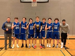Simcoe Composite School Sabres won the AABHN South Division senior boys basketball title, defeating Holy Trinity Catholic High School Titans 57-52. Coached by Greg Pajor, on the left, team members were Leo Wardell, Alex Samborski, Avery Gallagher, Andrew Auld, Kyler Pehlke, Easton Powell, Evan Boucher, and Jaxon Kazakevicius. SUBMITTED