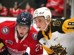 Brantford Bulldogs' Dylan Tsherna, on the right, lines up for a faceoff during the Bulldogs' home opener this season beside Oshawa Generals' Tyler Graham. Tsherna scored his first OHL goal on Sunday against the Peterborough Petes. CHRIS ABBOTT