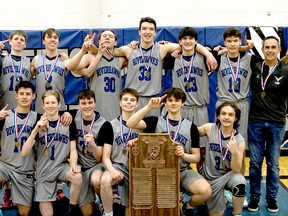 The Walkerton District Riverhawks celebrate after winning the CWOSSA single-A championship Saturday in Walkerton. Photo from the WDCS Facebook page.