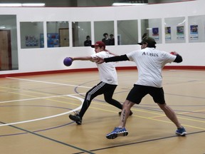 James Oja, left, and Keith Aubin from the team the Outlaws played hard during the 2024 Dodgeball Showdown, held at the Allan and Jean Millar Centre on Friday, Feb. 2.