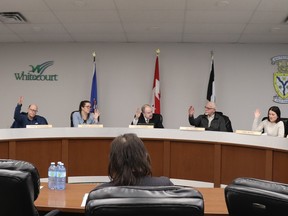 Whitecourt councillors (l-r) Derek Schlosser, Serena Lapointe, Mayor Tom Pickard, Bill McAree and Tara Baker gave unanimous third reading of a borrowing bylaw on Monday. Councillors Braden Lanctot and Paul Chauvet also voted in favour. The debenture would support the construction of a regional Culture and Events Centre in Whitecourt.