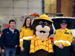 In Whitecourt on Tuesday (l-r), Todd Loewen, Minister of Forestry and Parks, Christie Tucker, Alberta Wildfire information unit manager, Bertie Beaver and Bernie Schmitte, Alberta Wildfire executive director, announced the start of the 2024 wildfire season.