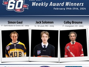 Hockey players (l-r) Simon Gaul of the Fort McMurray Oil Barons, Jack Solomon of the Lloydminster Bobcats and Colby Browne of the Whitecourt Wolverines won AJHL weekly awards.