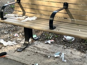 Drug use debris on a bench in Centretown.