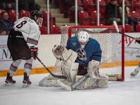 Brantford Bandits goalie Dylan Dewachter makes a save in a game against Ayr from earlier in the season. Photo - Jim Balkwill