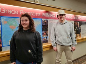 Tayler Hourtovenko of Sudbury (left) and Carter Lacasse of Espanola (right) are two students in Cambrian College’s Mining Engineering Technology program who have received scholarships this year from the Mining Industry Human Resources Council (MiHR).
