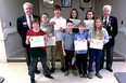 There were eight winners over all at the Royal Canadian Legion Branch 92 Public Speaking Competition on February 18. Rear, Branch President Bob Howard, Denver Marshall (intermediate first place winner), Brendan Lanigan (intermediate second place), Ivy Zufelt McCulloch (first place junior), Elizabeth Bishop (third place junior), Sergeant at Arms John Robertson; front, Max Doogan (second place junior), Oakley Tregunna (first place primary), Reid Martin (third place primary), and Olivia Zorzitto (second place primary). supplied by Royal Canadian Legion Branch 92