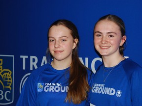Kayle Vaillancourt, left, and Gabrielle Foreshew wanted to see where they stood against other athletes at the RBC Training Ground event in Sudbury on Sunday. They also play competitive soccer and hockey.