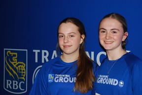 Kayle Vaillancourt, left, and Gabrielle Foreshew wanted to see where they stood against other athletes at the RBC Training Ground event in Sudbury on Sunday. They also play competitive soccer and hockey.