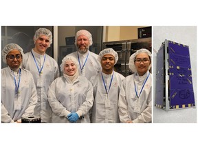 Part of a team of University of New Brunswick students are pictured (left) with the competed satellite, the CubeSaT VIOLET.