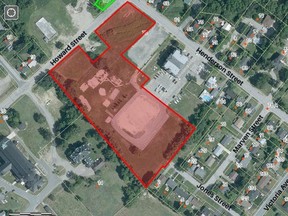 The southern portion of the former Ian Baillie Primary School site, highlighted in red, near Jones Street in the old town of Chatham is among several surplus city-owned lots being offered by the City of Miramichi for housing developments.