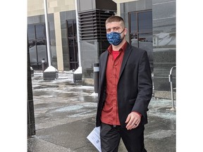 Samuel Vautour leaves the Moncton Law Courts in February 2022.