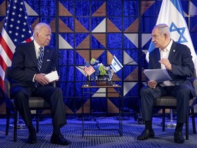 U.S. President Joe Biden, left, meets with Israeli Prime Minister Benjamin Netanyahu to discuss the war between Israel and Hamas, in Tel Aviv on Oct. 18, 2023. The United States initially offered strong support to Israel. But the allies are increasingly at odds over what is happening in Gaza.