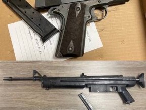 St. Thomas police seized two guns and more than $8,000 worth of drugs on Tuesday. Two men face charges. (St. Thomas police photo)