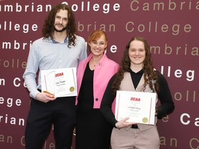 Sven Trodel of the Men's Volleyball team and Jocelyn Way of the Women’s Soccer Team were awarded the Cambrian Golden Shield Athletes of the year at the 56th annual athletic banquet on Tuesday evening, presenting the awards is Alison De Luisa, Vice President, Human Resources, Student Services and International at Cambrian College.