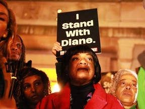 Constituents attend a rally on March 15, 2024 in London, England, in support of their MP Diane Abbott after she was racially abused by a Tory donor who gave millions of pounds to fund the Conservative Party. Despite agreeing that Frank Hester's comments, saying Diane Abbott made him want to hate all black women and that she should be shot, were racist, Rishi Sunak has refused to return the donations thought to be more than #10 million. (Photo by Alishia Abodunde/Getty Images)