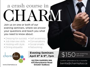 Charm Plus is holding a seminar entitled A Crash Course in Charm at 7 p.m. on April 8 and 9 at the Hilton Garden Inn.