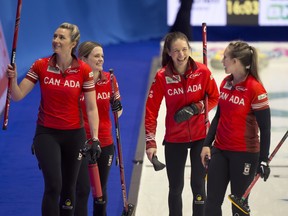Team Canada (L-R) Tracy Fleury, alt Rachel Brown, skip Rachel Homan during draw 15 against team Estonia at the BKT Tires World Woman's Curling Championship.