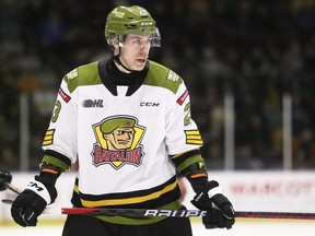 North Bay Battalion's Sandis Vilmanis (23) plays against the Sarnia Sting at Progressive Auto Sales Arena in Sarnia, Ont., on Sunday, Feb. 25, 2024. Mark Malone/Chatham Daily News/Postmedia Network