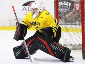Chatham-Kent Golden Hawks goalie Rylie Romses plays against the Holy Names Knights in the SWOSSAA girls AAA hockey final at Chatham Memorial Arena in Chatham, Ont., on Monday, March 4, 2024. (Mark Malone/Chatham Daily News)