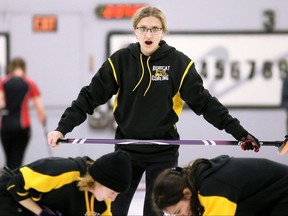 Blenheim Bobcats skip Jordyn Postma yells instructions during the SWOSSAA girls curling final at Sun Parlour Curling Club in Leamington Tuesday. (Mark Malone/Chatham Daily News)