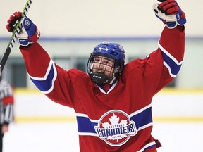 Lakeshore Canadiens' Trevor Larue (18) celebrates a goal against the Wheatley Omstead Sharks at Wheatley Area Arena in Wheatley, Ont., on Saturday, March 16, 2024. Mark Malone/Chatham Daily News/Postmedia Network