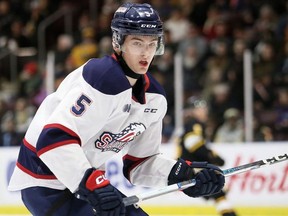 Saginaw Spirit's Josh Glavin (5) plays against the Sarnia Sting at Progressive Auto Sales Arena in Sarnia, Ont., on Friday, March 22, 2024. Mark Malone/Chatham Daily News/Postmedia Network