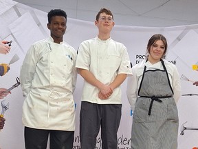 These are the top three students in the culinary regional competion in Owen Sound March 1. From the left: Azel Garside – Saugeen District Senior School; Padraig Barry Murphy – Saugeen District Senior School; C.J. Antoine – John Diefenbaker Senior School. (supplied photo)