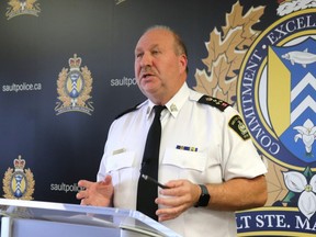 Chief Hugh Stevenson addresses members of the media during a Tuesday afternoon news conference that took place at Sault Ste. Marie Police Service headquarters. Stevenson used this conference to go over some details about a Oct. 22 call for service that involved Bob Thomas Hallaert, who committed a mass shooting a day later that resulted in four deaths.