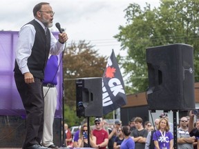 Pastor Henry Hildebrandt of Aylmer's Church of God addresses the crowd during a People's Party of Canada rally in Chatham in September 2021. (Derek Ruttan/The London Free Press)