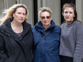 Lori Bosch, sister of Che Bosch, his mother Elaudie Bosch and daughter Kayle-Ann Howe-Bosch stand outside the London courthouse after Woodstock police officer Eric Dopf pleaded guilty on Wednesday, March 6, 2023, to assaulting Che Bosch in October 2022. Dopf received a conditional discharge.  (Derek Ruttan/The London Free Press)