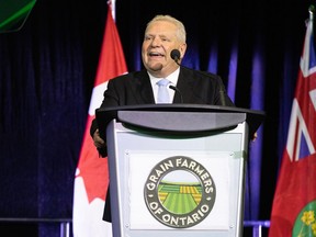 Premier Doug Ford was a surprise guest speaker at the Grain Farmers of Ontario’s March Classic trade show at RBC Place London in London on Tuesday, March 19, 2024. (Derek Ruttan/The London Free Press)