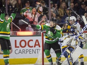 Easton Cowan of the London Knights starts to celebrate with Max McCue after scoring against the Erie Otters in Budweiser Gardens on Friday, Feb. 2, 2024. Cowan had jammed the puck through the pads of Erie goalie Brett Bressette and the goal stood up after review. (Mike Hensen/The London Free Press)