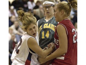 2024 Wallaceburg Sports Hall of Fame inductee Allison Lee, left, of Loyalist College plays in the 2003 OCAA women's basketball all-star game. (Postmedia Network File Photo)