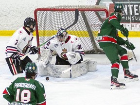 Sarnia Legionnaires goalie Logan Phillips makes a save against the St. Marys Lincolns in Game 2 of their GOJHL Western Conference quarter-final at Pat Stapleton Arena in Sarnia, Ont., on Saturday, March 9, 2024. (Shawna Lavoie Photography)