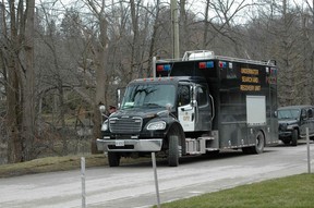 OPP search and recovery unit truck parked on 4th Street 'B' East, just north of the Jubilee Bridge on Sunday, March 17, 2024. (Scott Dunn/The Sun Times/Postmedia Network)
