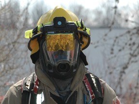 Owen Sound firefighter Mark Young wearing the Fusion Vision System thermal imaging camera which was tested Thursday, March 28, 2024 in Owen Sound, Ont. (Scott Dunn/The Sun Times/Postmedia Network)