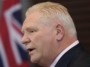 Ontario Premier Doug Ford speaks during a news conference in Milton, Ont., on Friday, March 8, 2024.