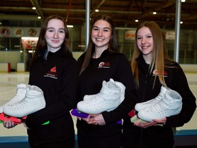 Makenna Oakley, left, Makayla Hachey and Catherine Easter of the Point Edward Skating Club have qualified for the 2024 Skate Ontario provincial championships. (Supplied Photo)