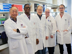 Pictured from the left are members of the RNA Diagnostics Team: Dr. Baoqing Guo, Tunde Onayemi, Dr. Amadeo Parissenti, Dr. Jennifer Lemon, and Dr. Gabriel Theriault. Supplied